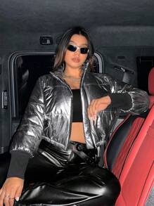 Flirla Plus Zip Up Metallic Padded Padded Coat Clothes Winter - Silver - View 6