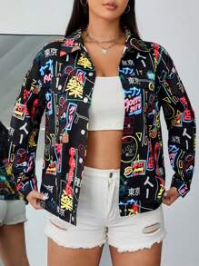 SHEIN EZwear Hơn In Vẽ bậy Thả vai Áo khoác - màu đen - Xem 2