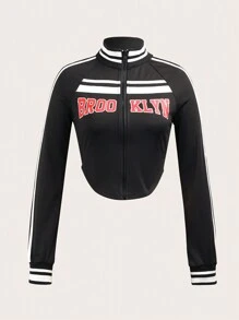 SHEIN EZwear Letter Graphic Striped Side Zip Up Crop Sweatshirt