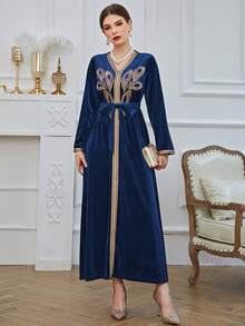 Embroidery Contrast Trim Belted Kaftan Dress - Navy Blue - View 3