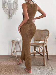 Breezaya Hollow Out Cover Up Dress Without Bikini Set,Summer Beach - Khaki - View 2