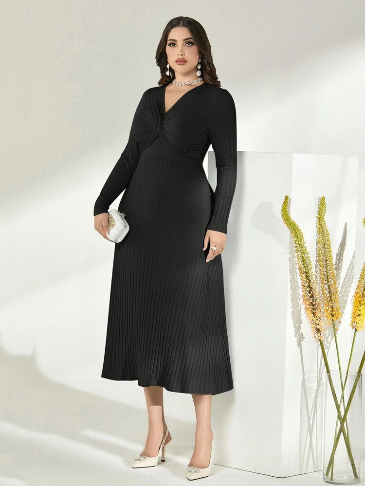 Twist Front Ribbed Knit Dress Long Evening Dresses