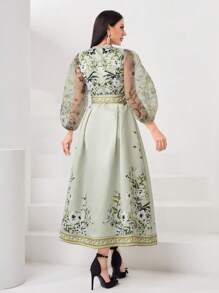 Modelyn Floral Print Lantern Sleeve Belted Evening Dress - Mint Green - View 2