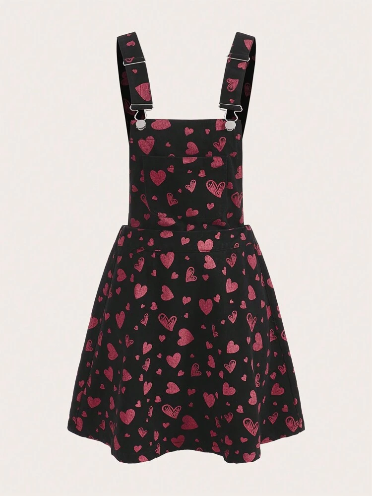 Heart Print Overall Denim Dress