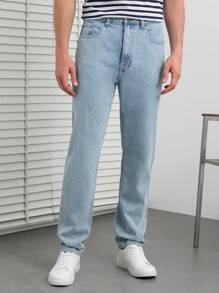 SHEIN Cottnline Men Slant Pocket Straight Leg Jeans - Blue - View 1