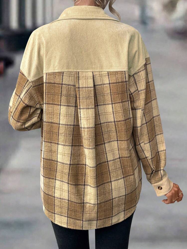 Plaid Print Drop Shoulder Flap Pocket Coat Fall Cloth For Women