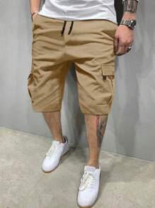 Manfinity Homme Loose Fit Men's Cargo Shorts With Flap Pocket And Drawstring Waist - Khaki - View 3