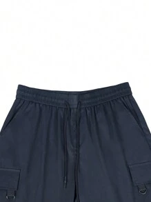 Manfinity Homme Loose Fit Men's Cargo Shorts With Flap Pockets And Drawstring Waist - Navy Blue - View 4