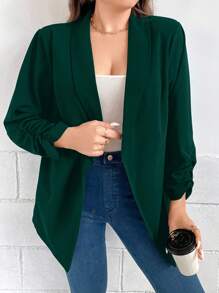 SHEIN Clasi Plus Shawl Collar Ruched Sleeve Open Front Blazer - Dark Green - View 4