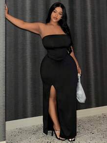 Slaydiva Plus Size Elegant Casual Solid Color Strapless High Slit Women's Dress - Black - View 4