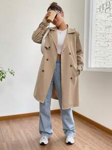 SHEIN EZwear 翻領雙排扣束帶風衣