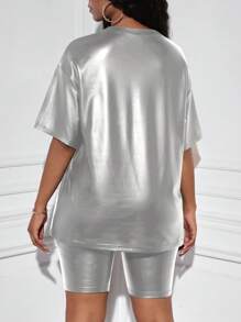 Slaydiva Drop Shoulder Metallic Top & Biker Shorts - Silver - View 2