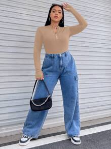 SHEIN EZwear 大碼半拉鏈修身連體衣 - 卡其色 - 查看 6