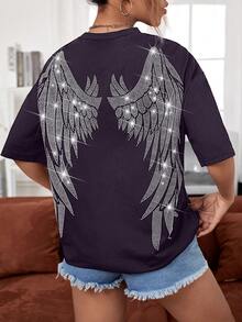 SHEIN EZwear 翅膀水鑽裝飾落肩T恤 - 紫色 - 查看 2