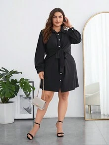 SHEIN LUNE 大码前结长袖休闲衬衫裙 - 黑色 - 查看 5