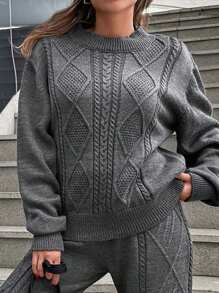 EURMUSE Bộ 2 món áo len chui đầu và quần dài thường ngày cho nữ, Thu/Đông - Xám - Xem 3