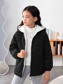 SHEIN Cô gái Tween Dây kéo Thả vai Lót Teddy Áo trùm đầu - Đen và trắng - Xem 1