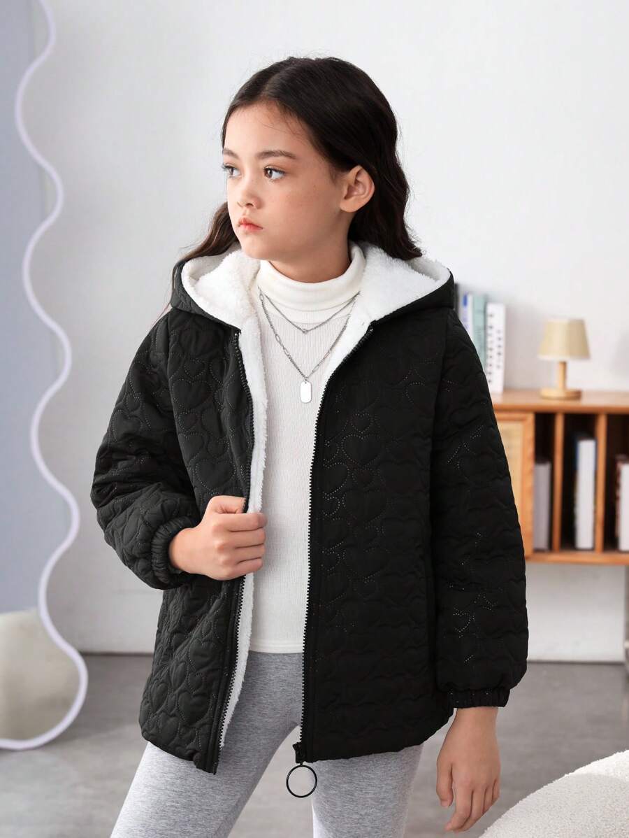 SHEIN Cô gái Tween Dây kéo Thả vai Lót Teddy Áo trùm đầu - Đen và trắng - Xem 1