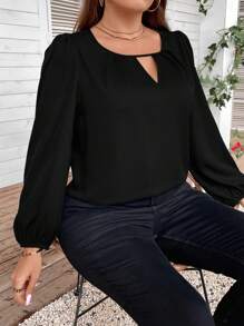 SHEIN Clasi Plus Keyhole Neckline Lantern Sleeve Blouse - Black - View 3
