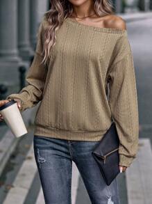 Chiquease Solid Asymmetrical Neck Drop Shoulder Sweatshirt Pullover Fall Outfit
