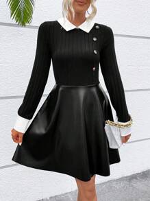 SHEIN Clasi 撞色領鈕扣細節 A 字洋裝 - 黑色 - 查看 2