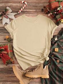 SHEIN EZwear 聖誕圖案T恤 - 卡其色 - 查看 2