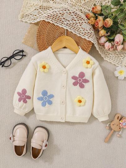 SHEIN 女嬰花卉貼片鈕扣正面開衫