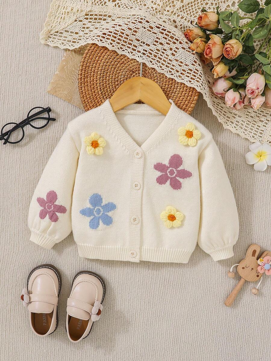 SHEIN 女嬰花卉貼片鈕扣正面開衫 - 杏色 - 查看 1