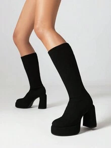 Classic Black Mid-Calf Women's Boots:  Waterproof Circular Platform  – Sophisticated Style - Black - View 2