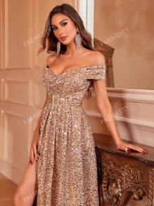 Faeriesty Off Shoulder Split Thigh Sequin Formal Dress Elegant Prom Evening Wedding Guest Gown, For Graduation, Dinner Party Dress