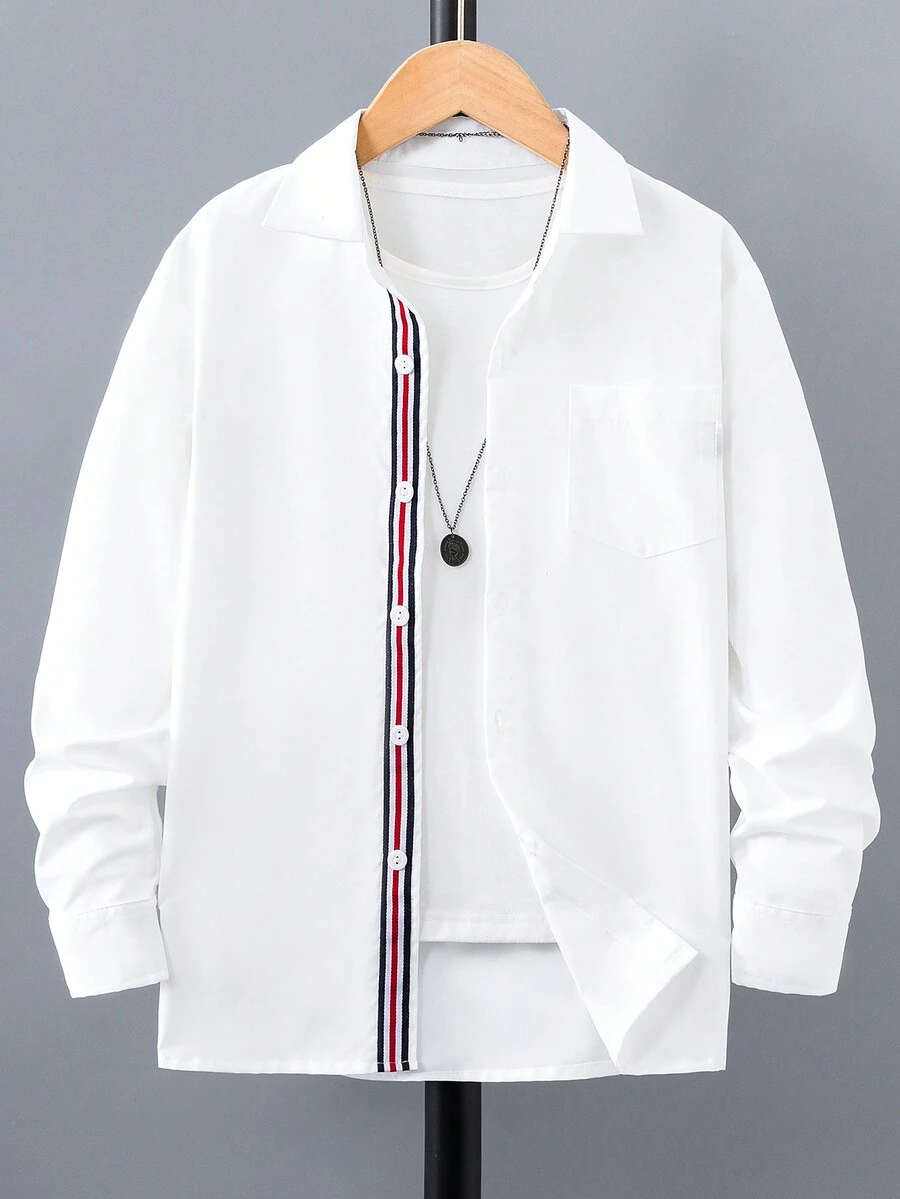 Tween Boy Contrast Striped Tape Patched Pocket Shirt Without Tee - White - View 1