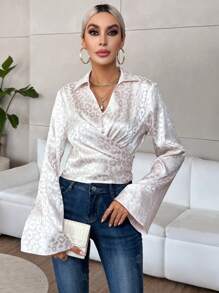 SHEIN Privé 豹紋提花喇叭袖繫帶緞面襯衫 - 杏色 - 查看 1