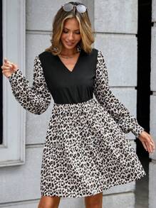 SHEIN LUNE Leopard Print Notched Neckline Dress Fall Cloth For Women - Multicolor - View 3
