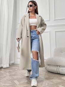 Flirla Lapel Neck Drop Shoulder Double Breasted Overcoat Fall Winter Cloth For Women - Grey - View 1