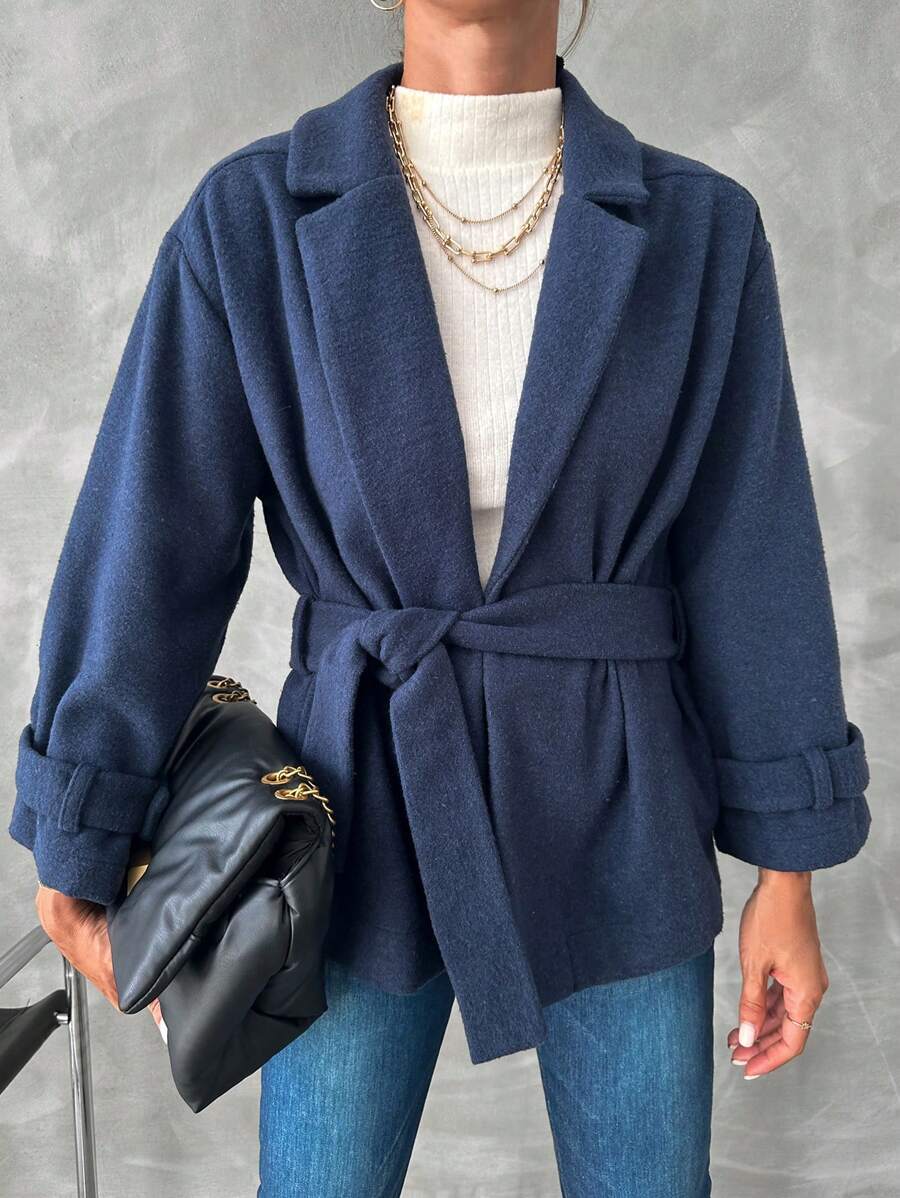 EURMUSE Lapel Neck Belted Overcoat - Navy Blue - View 1