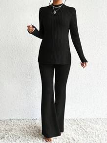 SHEIN Maternity Mock Neck Split Hem Tee & Flare Leg Pants - Black - View 4