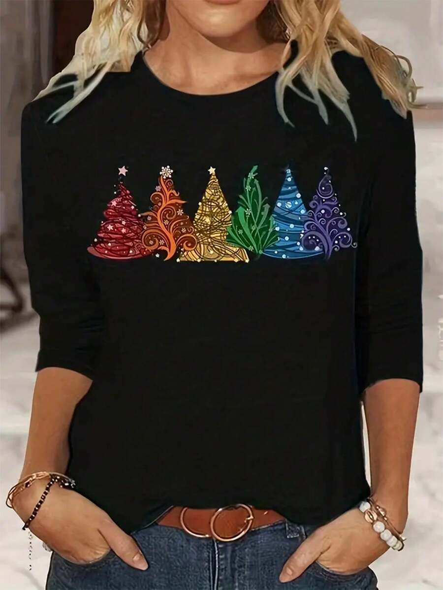 SHEIN EZwear Talla grande Camiseta con estampado de árbol de Navidad - Negro - Ver 1