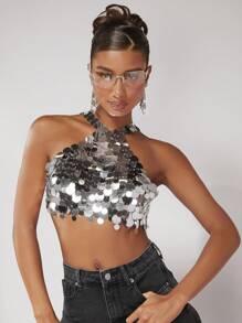 SHEIN ICON Top crop con lentejuelas - Plateado - Ver 3