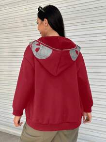 SHEIN EZwear Áo nỉ tay dài có khóa kéo in hình bộ xương, cỡ lớn, vai rớt - Đỏ - Xem 2