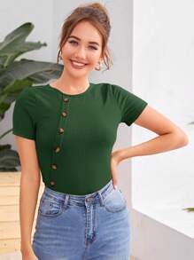 SHEIN Essnce Button Front Rib-knit Slim Tee - Dark Green - View 1