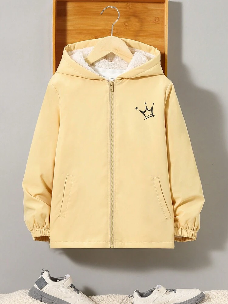 Tween Boy Slogan & Cartoon Graphic Hooded Thermal Lined Coat