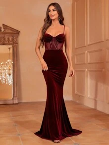 Faeriesty 链条细节透视网眼紧身胸衣天鹅绒吊带连衣裙