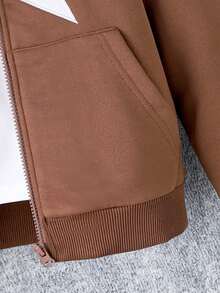 SHEIN 少女星形印花拉链落肩卫衣（不含T恤） - 咖啡棕 - 查看 3