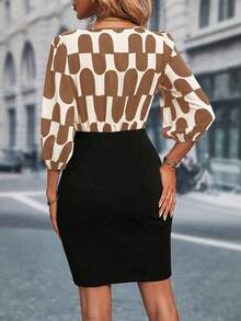 SHEIN LUNE Geo Print Lantern Sleeve Knot Side Wrap Hem Dress - Multicolor - View 2