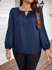 SHEIN Clasi Plus Keyhole Neckline Lantern Sleeve Blouse - Navy Blue - View 1