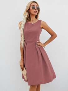 SHEIN Clasi 素色後拉鏈百褶細節洋裝 - 藕粉色 - 查看 3