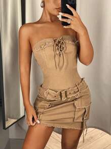 SHEIN ICON Vestido ajustado con cordón delantero con bolsillo con solapa con cinturón - Caqui - Ver 2
