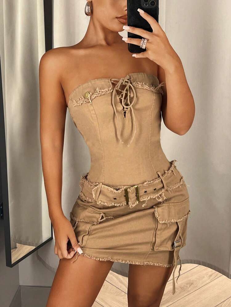 Lace Up Front Flap Pocket Belted Bodycon Dress