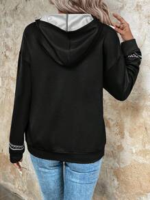 SHEIN LUNE Floral Print Kangaroo Pocket Drop Shoulder Hoodie - Black - View 2