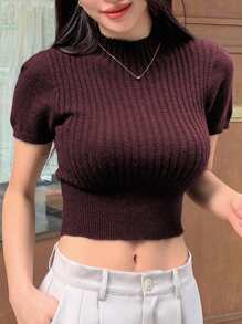 DAZY Top Corto De Punto Con Cuello Simulado - Burdeos - Ver 3